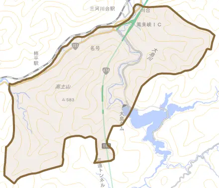 名号とその周辺の地図。町の範囲を重ねている