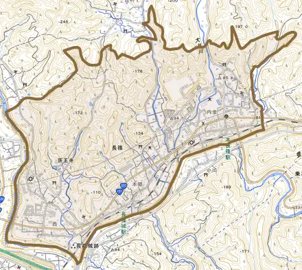 長篠とその周辺の地図。町の範囲を重ねている