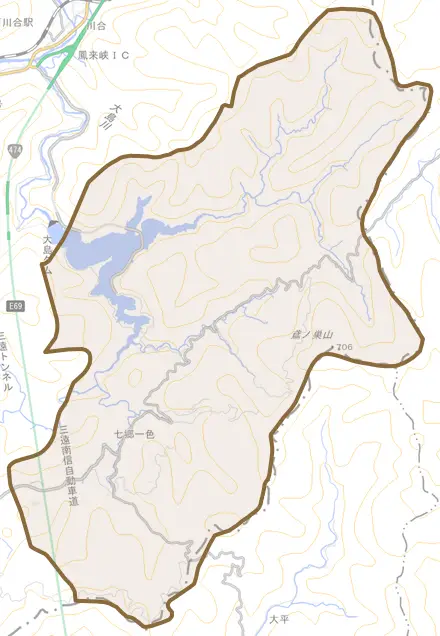 七郷一色とその周辺の地図。町の範囲を重ねている