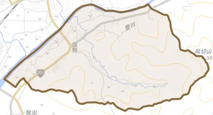 庭野とその周辺の地図。町の範囲を重ねている