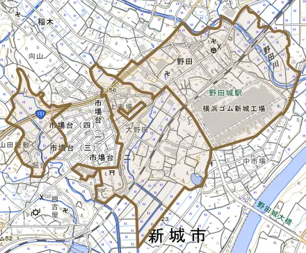 野田とその周辺の地図。町の範囲を重ねている