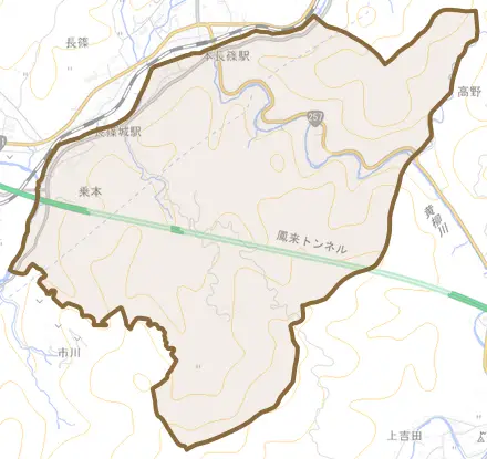乗本とその周辺の地図。町の範囲を重ねている