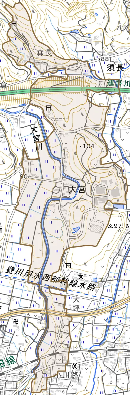 大宮とその周辺の地図。町の範囲を重ねている