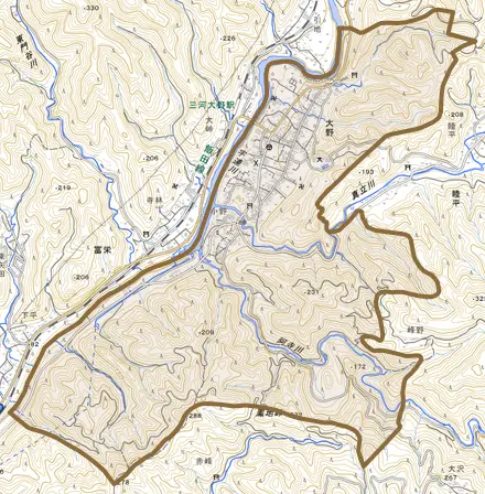 大野とその周辺の地図。町の範囲を重ねている