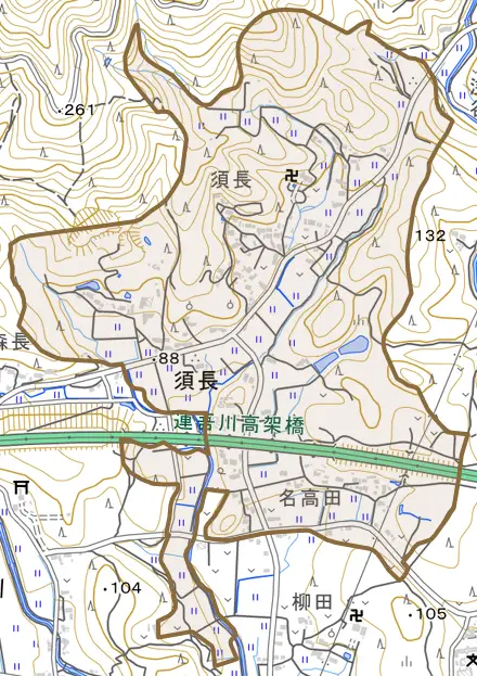 須長とその周辺の地図。町の範囲を重ねている