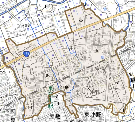 平井とその周辺の地図。町の範囲を重ねている