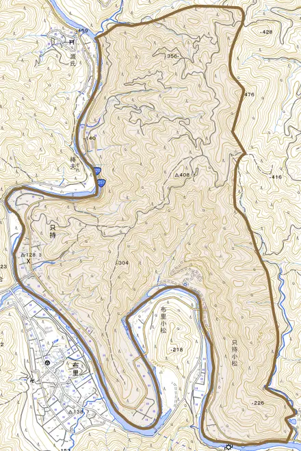 只持とその周辺の地図。町の範囲を重ねている