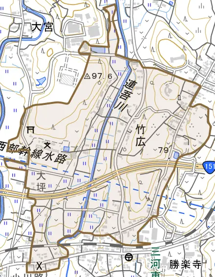 竹広とその周辺の地図。町の範囲を重ねている