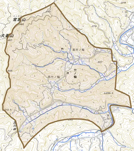 竹ノ輪とその周辺の地図。町の範囲を重ねている