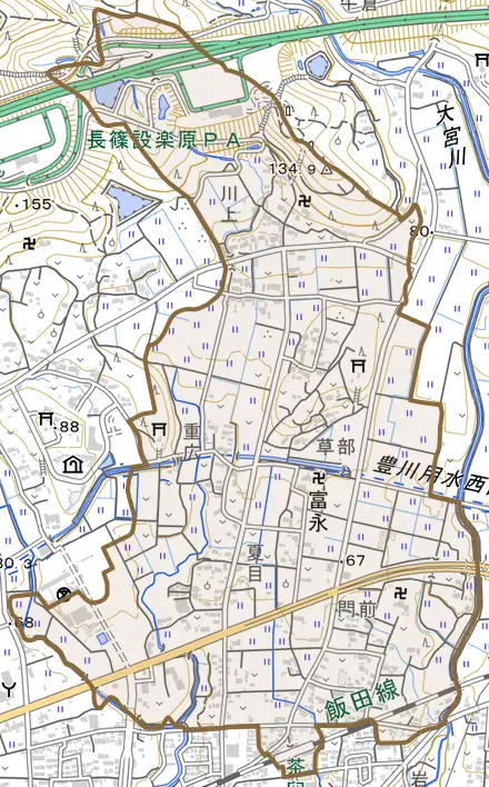 富永とその周辺の地図。町の範囲を重ねている
