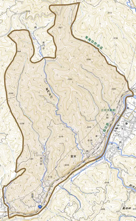 富栄とその周辺の地図。町の範囲を重ねている