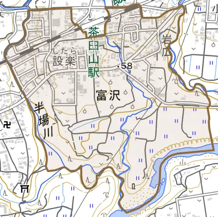 富沢とその周辺の地図。町の範囲を重ねている