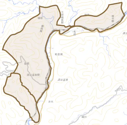 豊岡とその周辺の地図。町の範囲を重ねている
