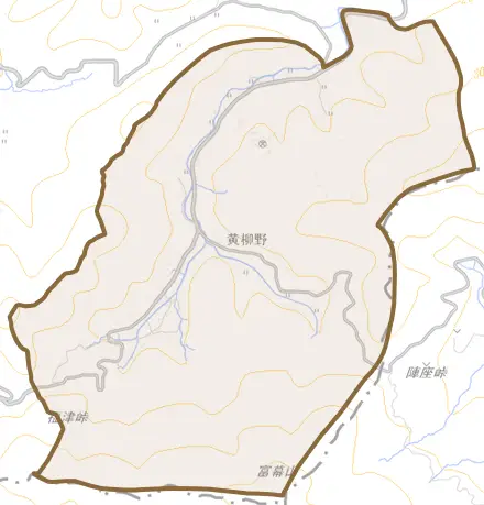 黄柳野とその周辺の地図。町の範囲を重ねている