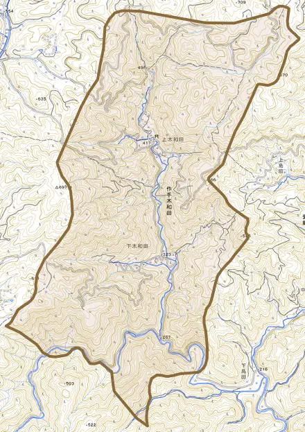 作手木和田とその周辺の地図。町の範囲を重ねている