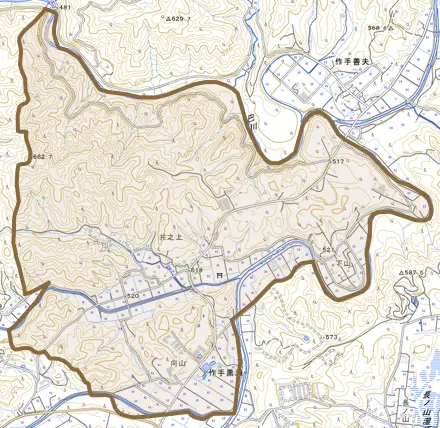 作手黒瀬とその周辺の地図。町の範囲を重ねている