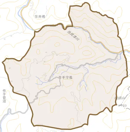作手守義とその周辺の地図。町の範囲を重ねている