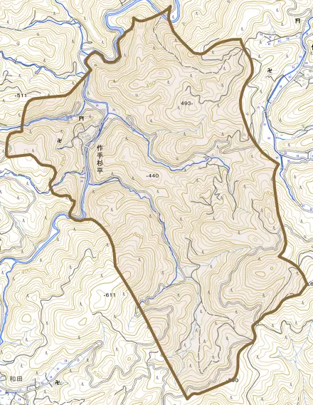 作手杉平とその周辺の地図。町の範囲を重ねている