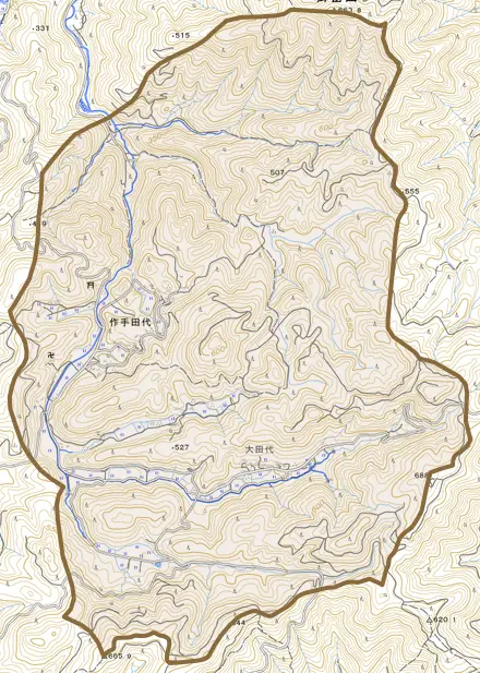 作手田代とその周辺の地図。町の範囲を重ねている
