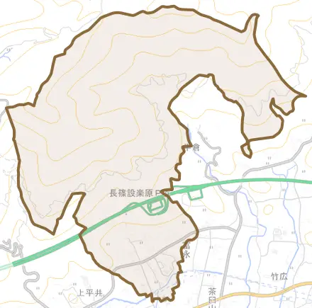 矢部とその周辺の地図。町の範囲を重ねている