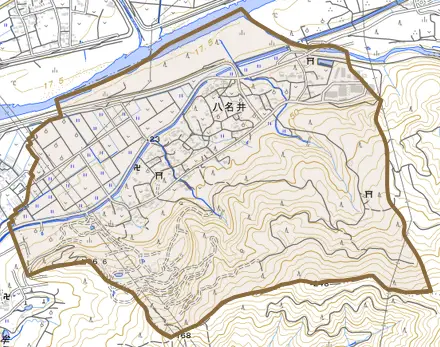 八名井とその周辺の地図。町の範囲を重ねている