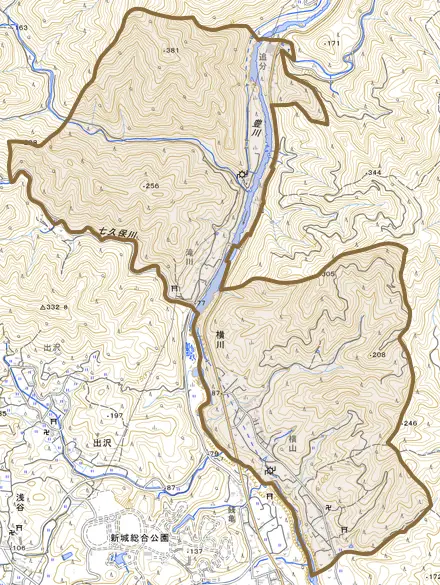 横川とその周辺の地図。町の範囲を重ねている