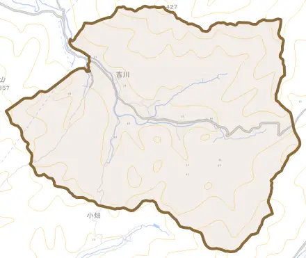 吉川とその周辺の地図。町の範囲を重ねている