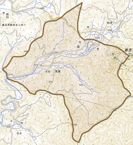 荒尾とその周辺の地図。町の範囲を重ねている