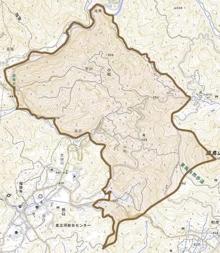 小松とその周辺の地図。町の範囲を重ねている