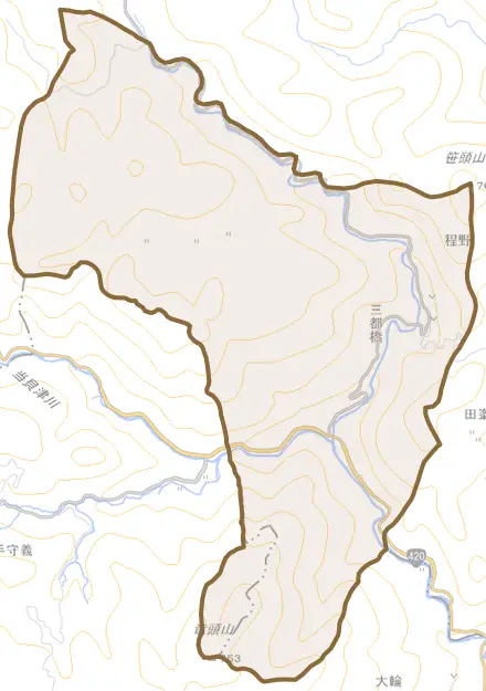 三都橋とその周辺の地図。町の範囲を重ねている
