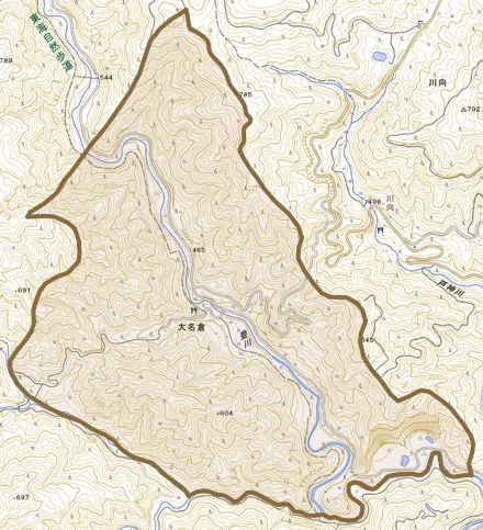 大名倉とその周辺の地図。町の範囲を重ねている