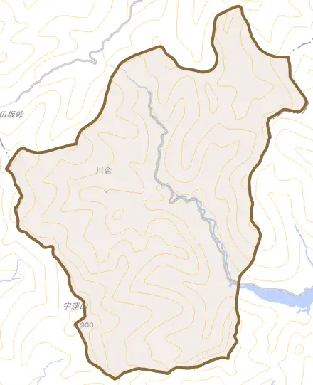 川合とその周辺の地図。町の範囲を重ねている
