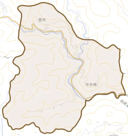 豊邦とその周辺の地図。町の範囲を重ねている