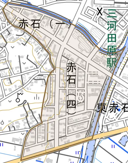 赤石とその周辺の地図。町の範囲を重ねている