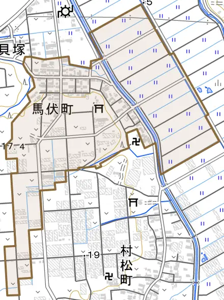 馬伏町とその周辺の地図。町の範囲を重ねている
