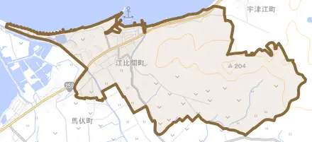 江比間町とその周辺の地図。町の範囲を重ねている