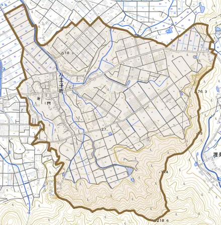 八王子町とその周辺の地図。町の範囲を重ねている