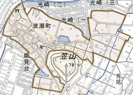 波瀬町とその周辺の地図。町の範囲を重ねている