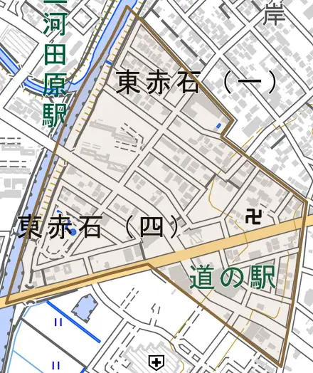 東赤石とその周辺の地図。町の範囲を重ねている