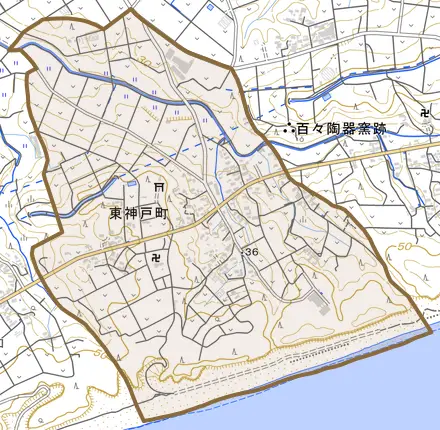 東神戸町とその周辺の地図。町の範囲を重ねている