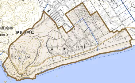 日出町とその周辺の地図。町の範囲を重ねている