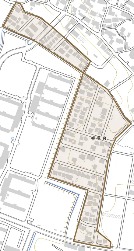 姫見台とその周辺の地図。町の範囲を重ねている