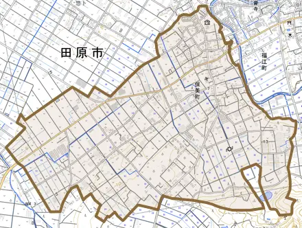 保美町とその周辺の地図。町の範囲を重ねている