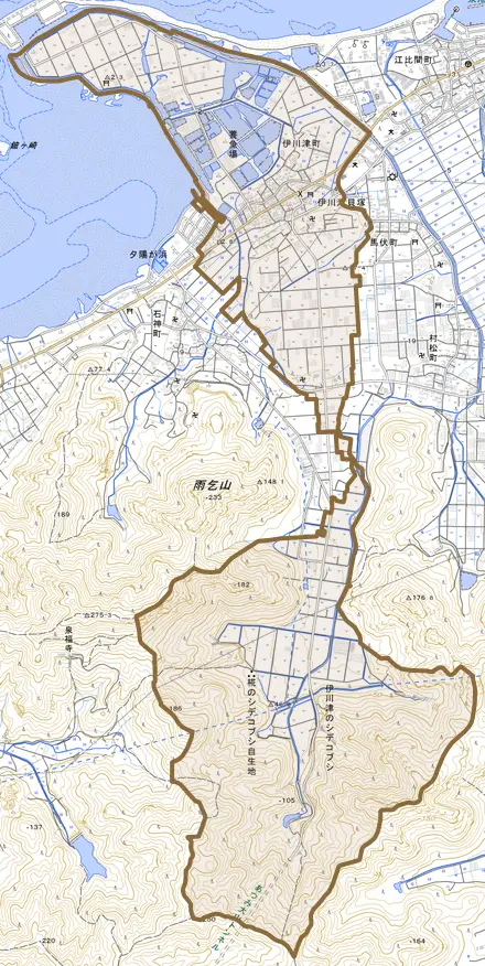 伊川津町とその周辺の地図。町の範囲を重ねている