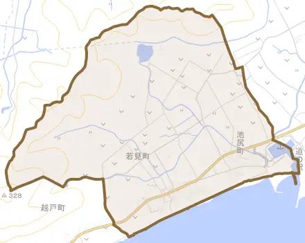 池尻町とその周辺の地図。町の範囲を重ねている