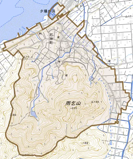 石神町とその周辺の地図。町の範囲を重ねている