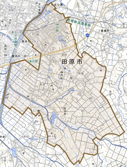 神戸町とその周辺の地図。町の範囲を重ねている
