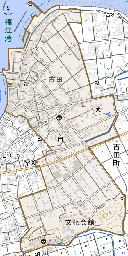 古田町とその周辺の地図。町の範囲を重ねている