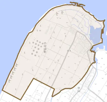 小中山町とその周辺の地図。町の範囲を重ねている