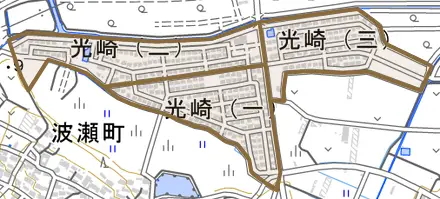光崎とその周辺の地図。町の範囲を重ねている
